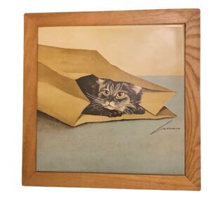 Vintage LOWELL HERRERO 1982 Cat in Brown Paper Bag Tile Wall Hanging Luxury
